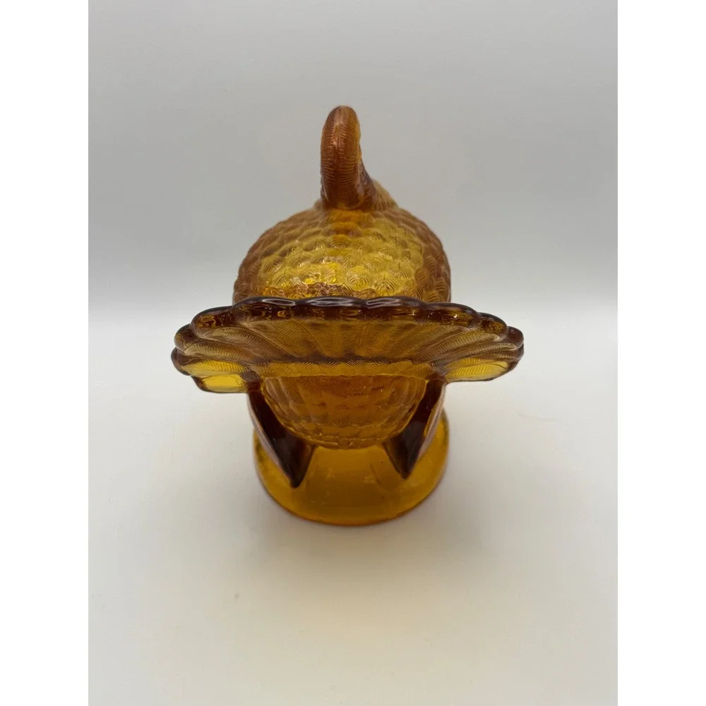 Vintage L.E. Smith Amber Pressed‎ Glass Turkey Candy Dish Lidded Harvest Decor